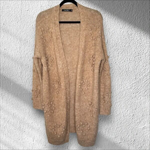 Doe & Rae Tan Neutral Bobble Long Line‎ open front cardigan Size Large Neutral
